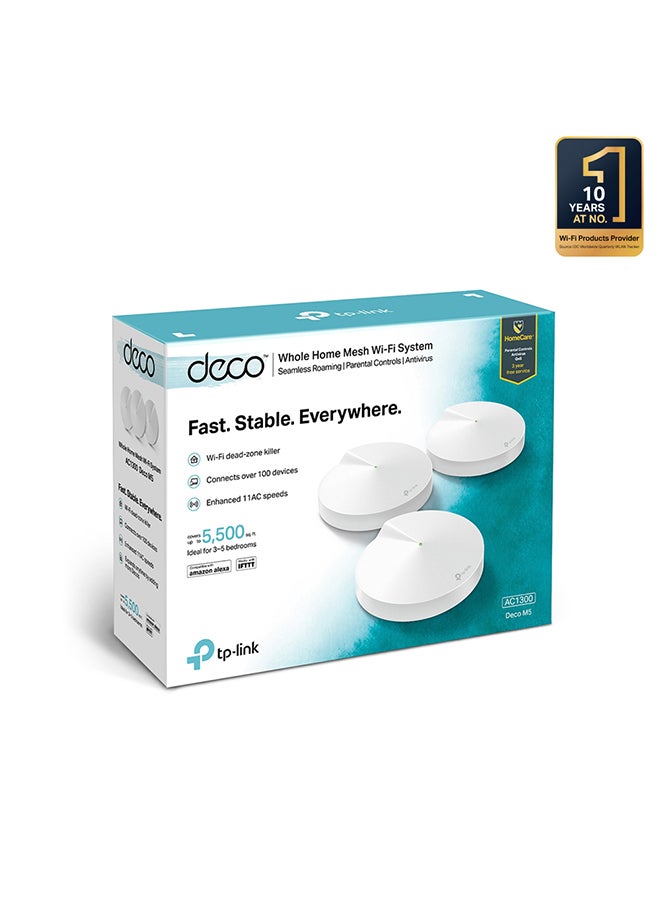 TP-LINK - Deco M5 (3-Pack) AC1300 Dual-Band Whole Home Mesh WiFi System, Coverage for 3-5 Bedroom Houses, 100 Devices Connectivity, Built-in Antivirus, Router/Extender Replacement, Parental Controls, Works with Alexa White - Image 1