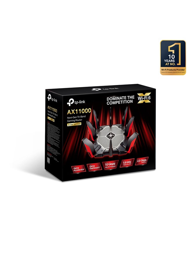 Archer AX11000 Next-Gen Tri-Band Gaming Router, Fastest Wi-Fi Speeds Up to 10 Gbps, 1 GB RAM, Gaming Dashboard, 2.5Gbps WAN + 8 Gigabit LAN Ports + 2xUSB 3.O Ports, 12 Streams, Built-in Antivirus Black/Red 