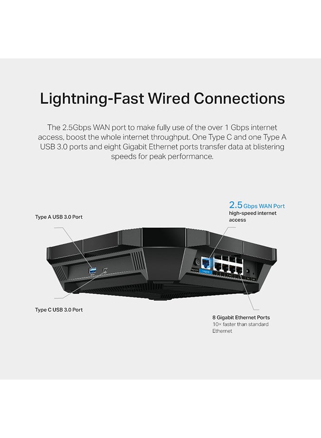 تي بي لينك راوتر آرشر AX6000 للألعاب مزود بشبكة واي فاي 6 وسرعة عالية تصل إلى 6000 ميجابايت و8 منافذ وموجّه نطاق تلقائي ومنفذ WAN بسرعة تصل إلى 2.5 جيجابايت ومنافذ LAN تصل سرعتها إلى 8 جيجابايت ومنافذ USB 3.0 مناسب للألعاب وجهاز بلايستيشن 5 ومزود أيضاً بخاصية التحكم الأبوي وبرنامج مكافح فيروسات مدمج أسود - Image 2