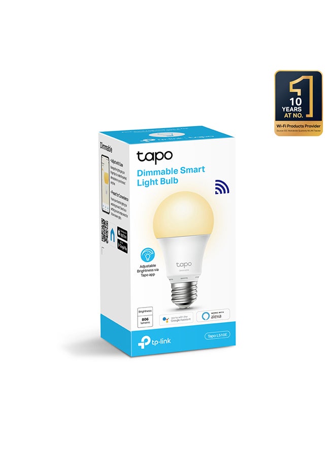 TP-LINK - Tapo L510E Smart Wi-Fi Light Bulb, Dimmable, E27 Socket, Schedule & Timer, No Hub Required, Energy Saving, 
Works with Google & Alexa, Remote Control with  Tapo app White - Image 1