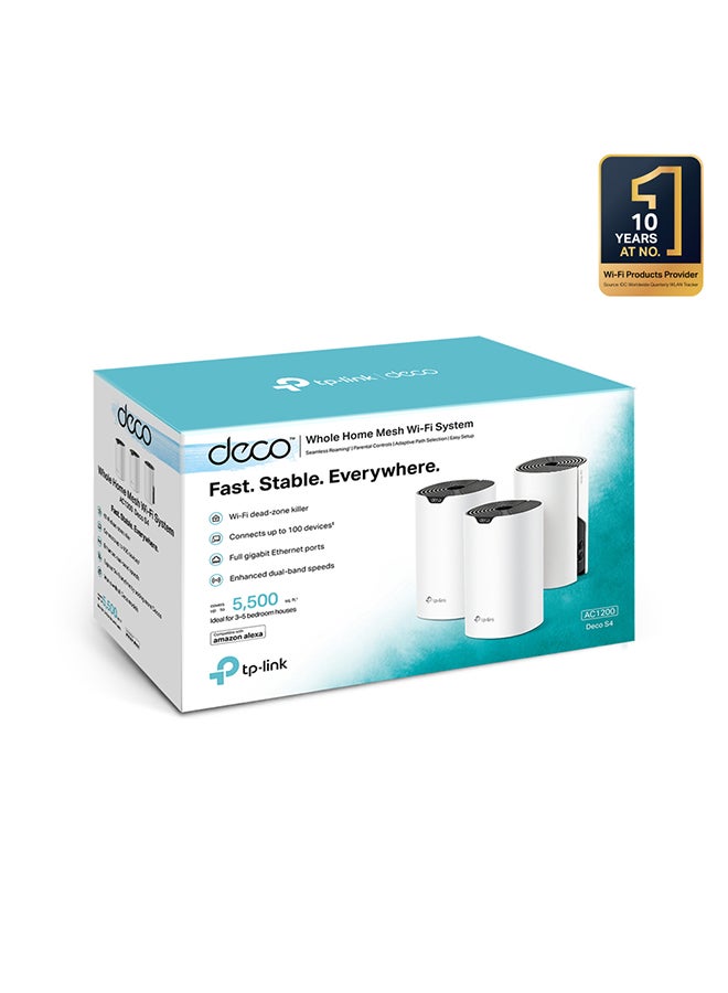TP-LINK - Deco S4 (3-Pack) AC1200 Gigabit Advanced Whole Home Mesh Wi-Fi System, Coverage for 3-5 Bedroom Houses, 100 Devices Connectivity, Parental Controls, Replaces WiFi Router and Extender, Works with Alexa White - Image 1