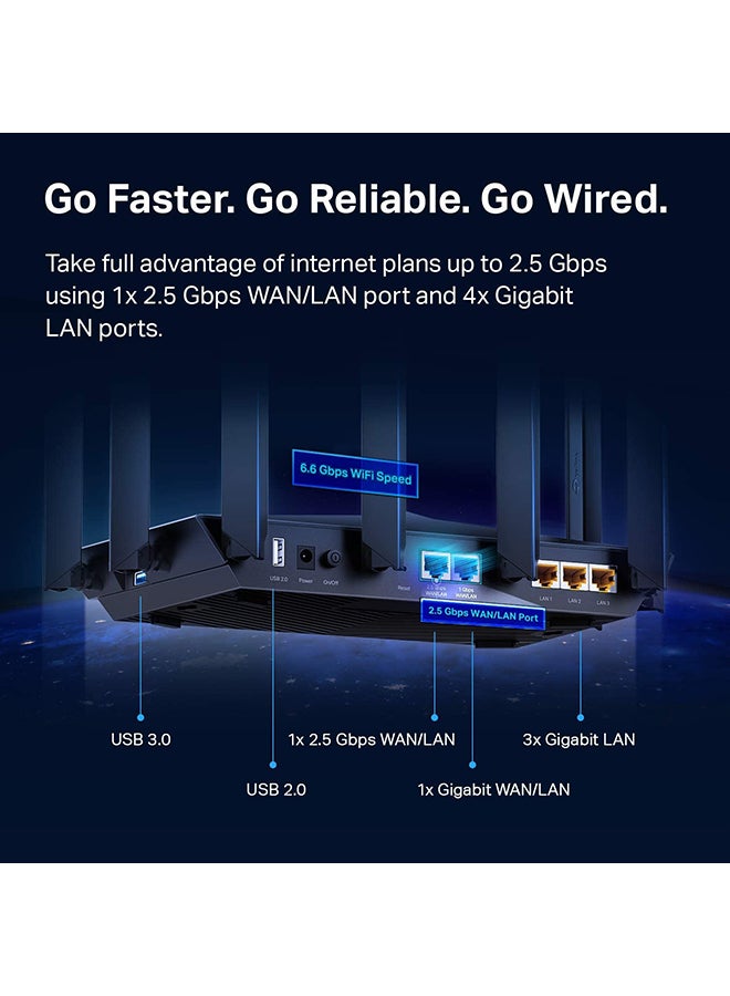 1500.0 mAh Archer AX90 AX6600 Tri-Band WiFi 6 Router, Powerful CPU, 2.5 Gbps WAN Port, 8 High-gain External Antennas, Built-in Antivirus, Parental Controls, Ideal for Gaming Xbox/PS5/Stream&4K/8K Black