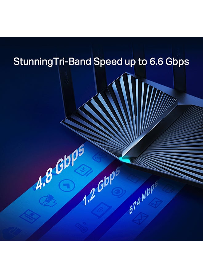 1500.0 mAh Archer AX90 AX6600 Tri-Band WiFi 6 Router, Powerful CPU, 2.5 Gbps WAN Port, 8 High-gain External Antennas, Built-in Antivirus, Parental Controls, Ideal for Gaming Xbox/PS5/Stream&4K/8K Black
