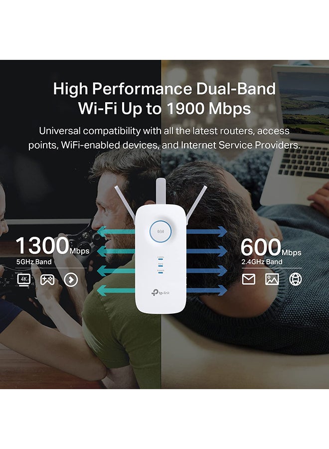 TP-LINK - RE550 AC1900 Dual Band WiFi Extender, Up to 1900Mbps, Internet Booster, Extend WiFi Range Further, Access Point Model, 3 External Antennas, High Speed Mode, Works with any Wi-Fi Router White - Image 1