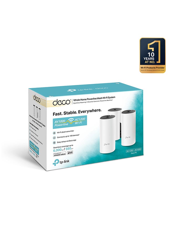 TP-LINK - Deco P9 (3-Pack) Whole Home Powerline Hybrid Mesh Wi-Fi System, Signal Through Walls, Coverage for 4-6 Bedroom Houses, 100 Devices Connectivity, One Wi-Fi Network Name, Parental Controls, Works with Alexa White - Image 1