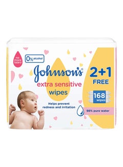 Johnson's Baby Extra Sensitive Wipes With 98% Pure Water, 2+1 Packs of 56 Wipes, 168 count  - Image 1