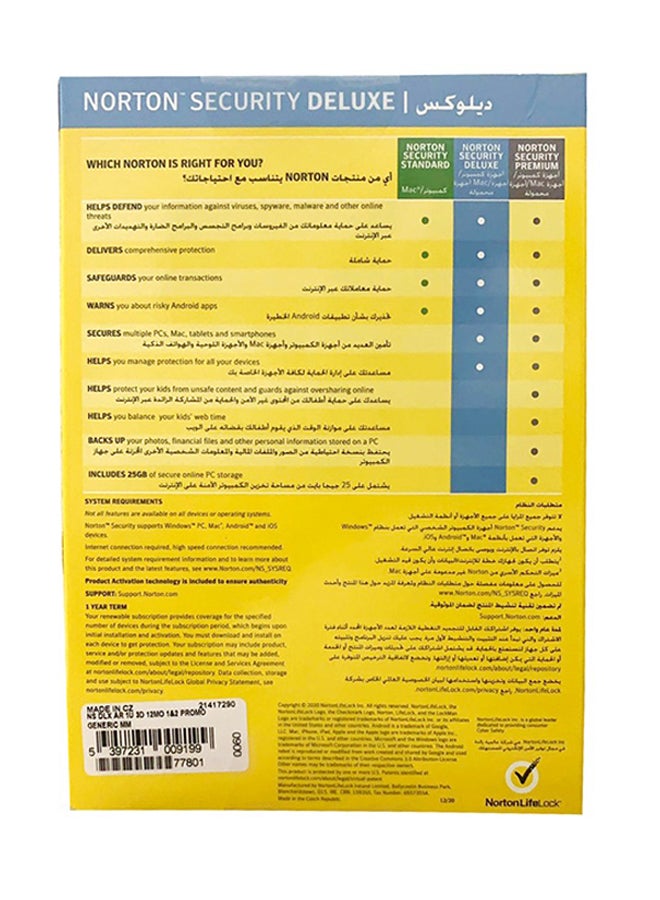 Norton - Security Deluxe Arabic 1 Year 1 User 3 Devices For PCs, Mac, Smartphones And Tablets Multicolour - Image 1