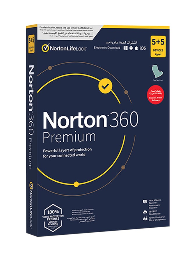 Norton 360 Premium 75GB PC Cloud Backup Arabic 1 User For 10 Devices 1 Year Electronic Download Multicolour  - Image 1