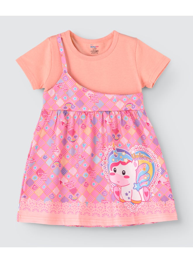 babyqlo One Shoulder Unicorn Printed Spaghetti Dress With Attached T-Shirt Pink  - Image 1