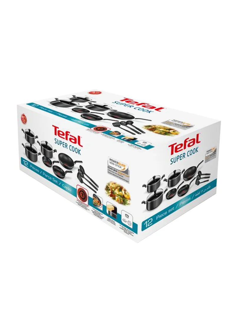 Tefal 12-Piece Super Cook Non Stick Aluminium Dishwasher Safe & Durable Premium Quality Cookware Set Includes 2 Fry Pans 22/24cm, Wok Pan 28cm, 3 Stew Pots With lids 22/24/28cm, Spatula, Spoon And Slotted Spoon Black 22,24,28,22,24,28cm Black 22,24,28,22,24,28cm