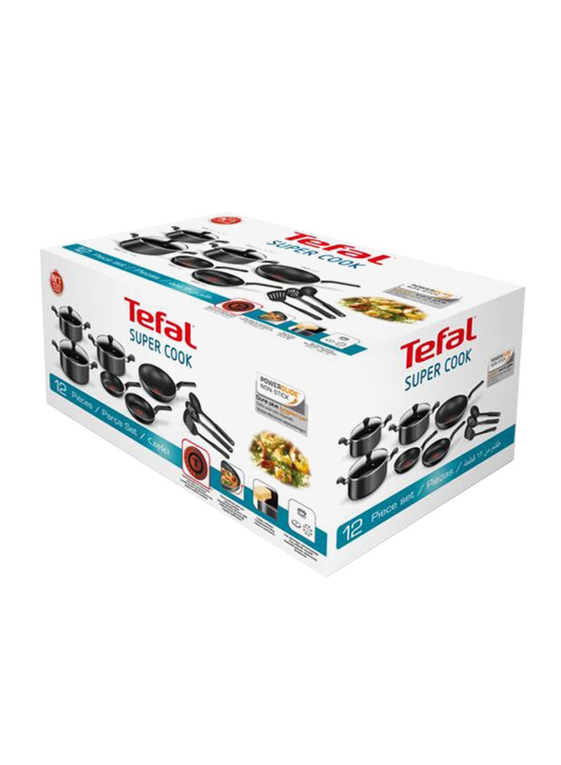 Tefal 12-Piece Super Cook Non Stick Aluminium Dishwasher Safe & Durable Premium Quality Cookware Set Includes 2 Fry Pans 22/24cm, Wok Pan 28cm, 3 Stew Pots With lids 22/24/28cm, Spatula, Spoon And Slotted Spoon Black 22,24,28,22,24,28cm Black 22,24,28,22,24,28cm  - Image 3