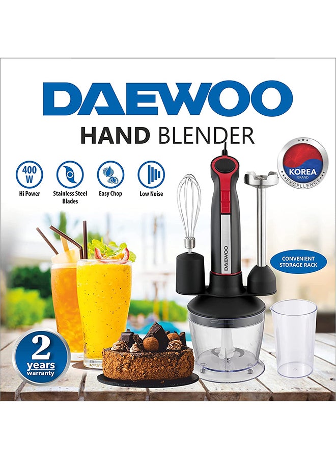 DAEWOO - Stainless Steel Stem Hand Blender With Chopper And Whisk 3-in-1 400W Korean Technology DHB1540 Black - Image 1