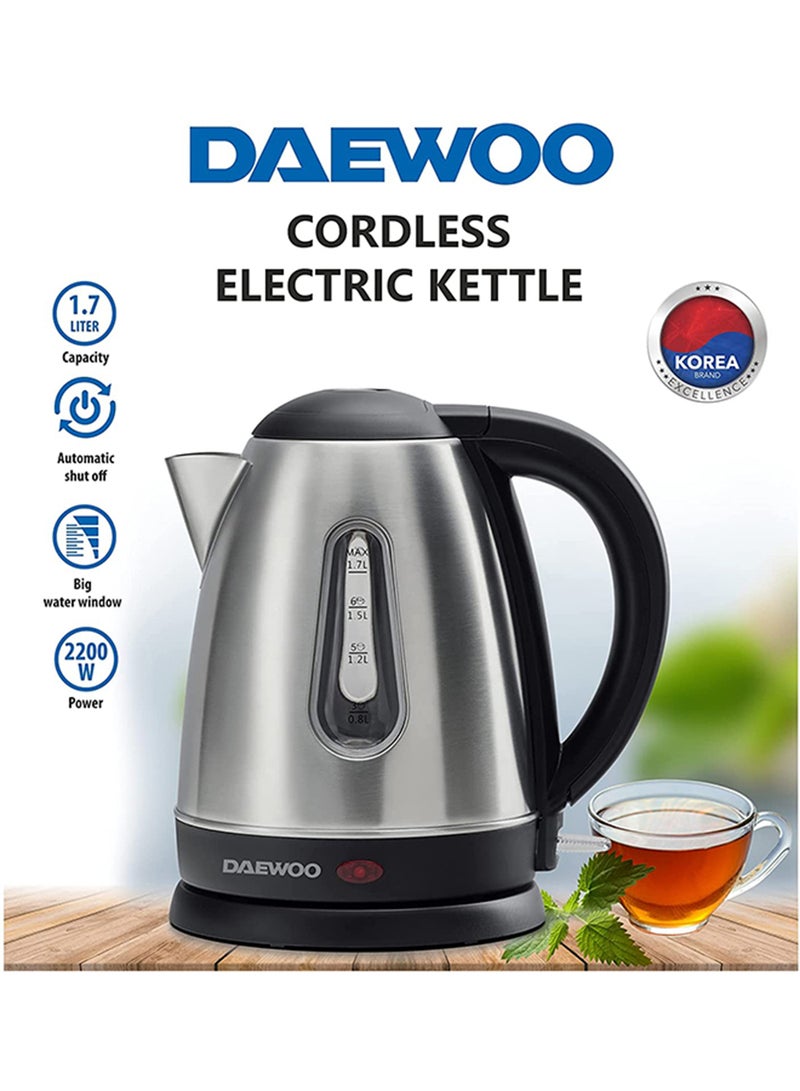 DAEWOO - Electric Kettle With Stainless Steel Body 1.7 Liters 1850W Korean Technology 1.7 L 2200 W DEK1588 Silver - Image 1