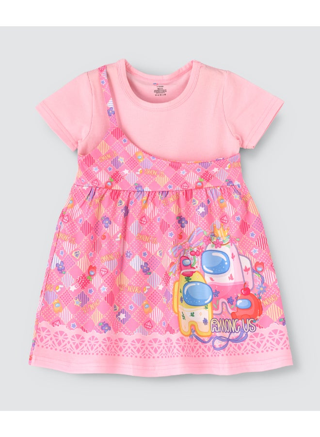 babyqlo One Shoulder Printed Spaghetti Dress With Attached T-Shirt Pink  - Image 1