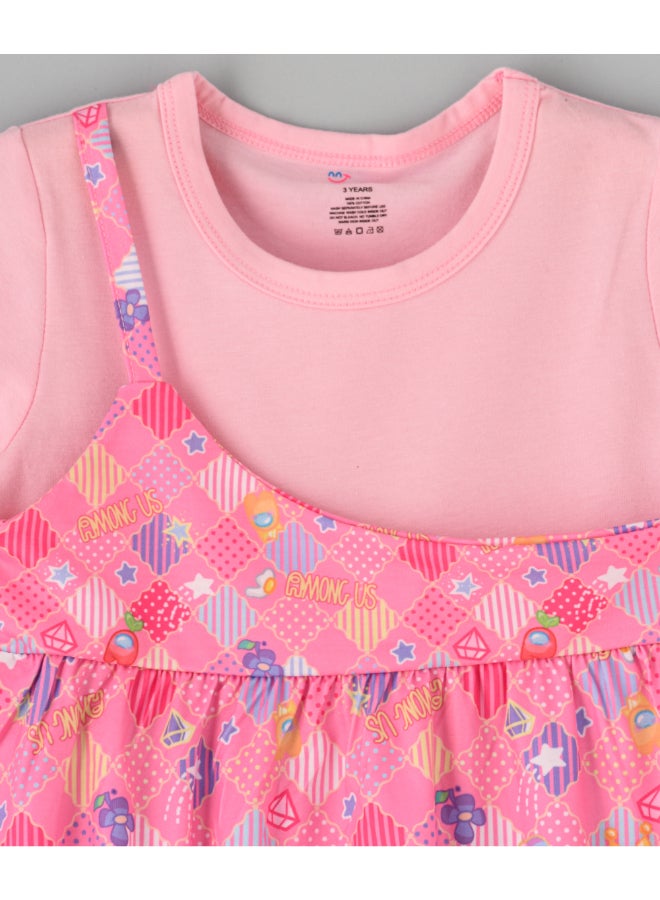babyqlo One Shoulder Printed Spaghetti Dress With Attached T-Shirt Pink  - Image 3