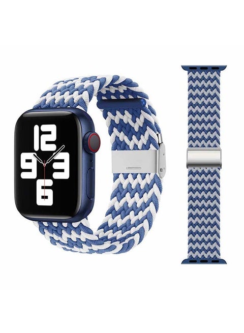 Adjustable Braided Solo Loop Band For Apple Watch Series 6/SE/5/4/3/2/1 Blue/White