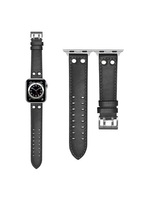 Double Buckle Genuine Leather Replacement Band for Apple Watch Series 6/SE/5/4/3/2/1 40/38mm Black