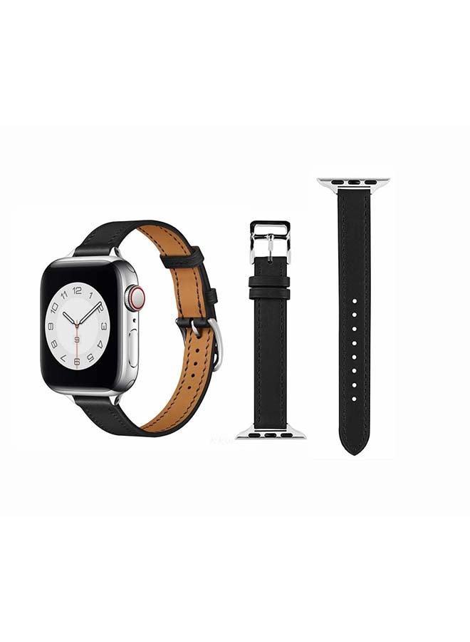 Perfii - Slim Genuine Leather Replacement Band for Apple Watch Series 6/SE/5/4/3/2/1 40/38mm Black - Image 1