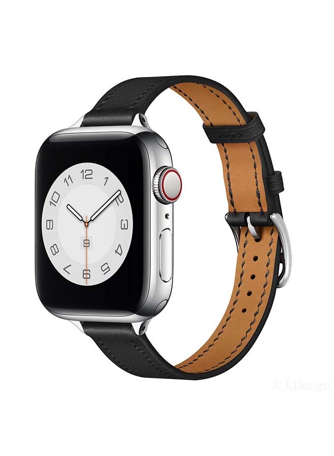 Perfii - Slim Genuine Leather Replacement Band for Apple Watch Series 6/SE/5/4/3/2/1 40/38mm Black - Image 1