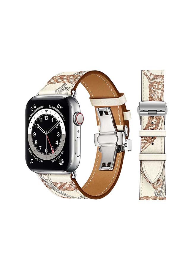 Perfii - Replacement Band For Apple Watch Series 6/SE/5/4/3/2/1 Blanc Allover Print/White Brown Line - Image 1