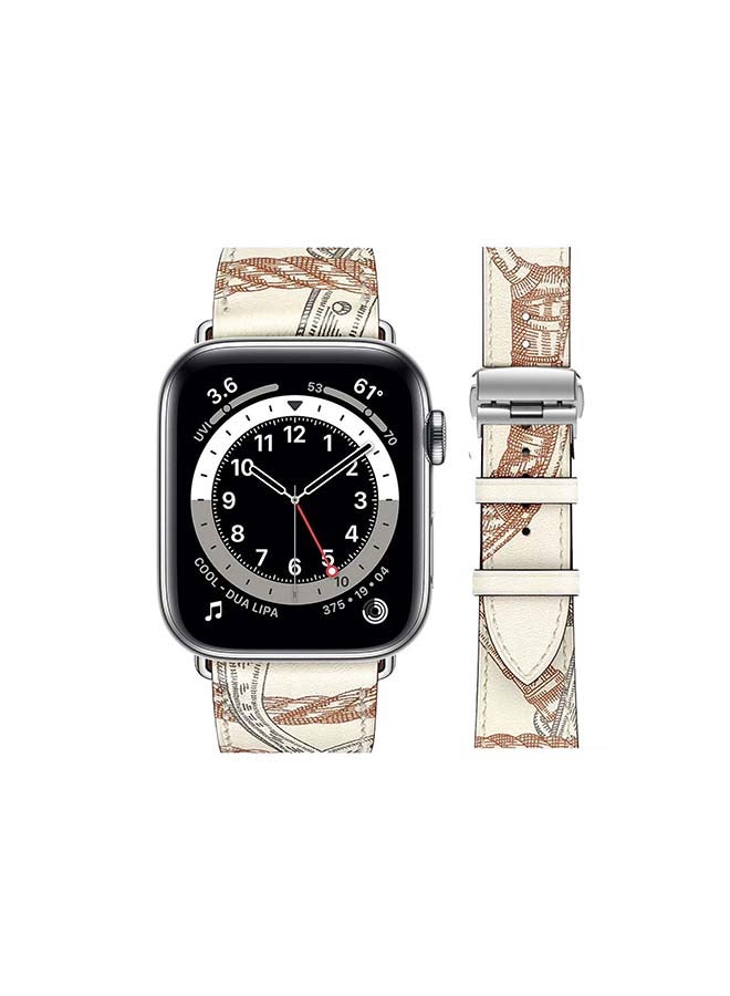 Perfii - Replacement Band For Apple Watch Series 6/SE/5/4/3/2/1 Blanc Allover Print/White Brown Line - Image 1