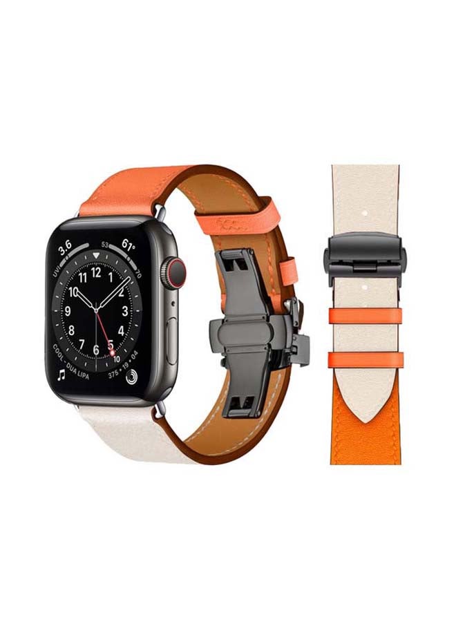 Perfii - Genuine Leather Replacement Band with Black Buckle for Apple Watch Series 6/SE/5/4/3/2/1 44/42mm Orange/White - Image 1