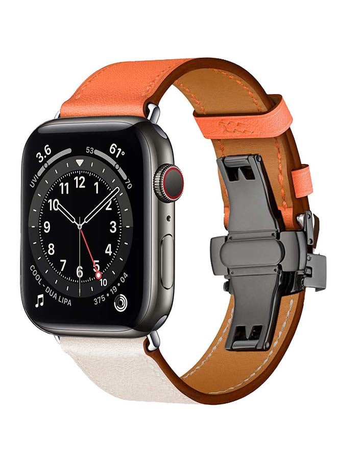 Perfii - Genuine Leather Replacement Band with Black Buckle for Apple Watch Series 6/SE/5/4/3/2/1 44/42mm Orange/White - Image 1