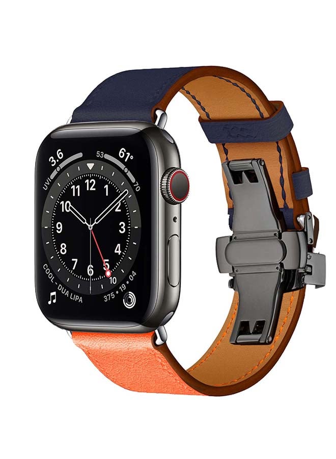 Perfii - Genuine Leather Replacement Band with Black Buckle for Apple Watch Series 6/SE/5/4/3/2/1 44/42mm Dark Grey/Orange - Image 1