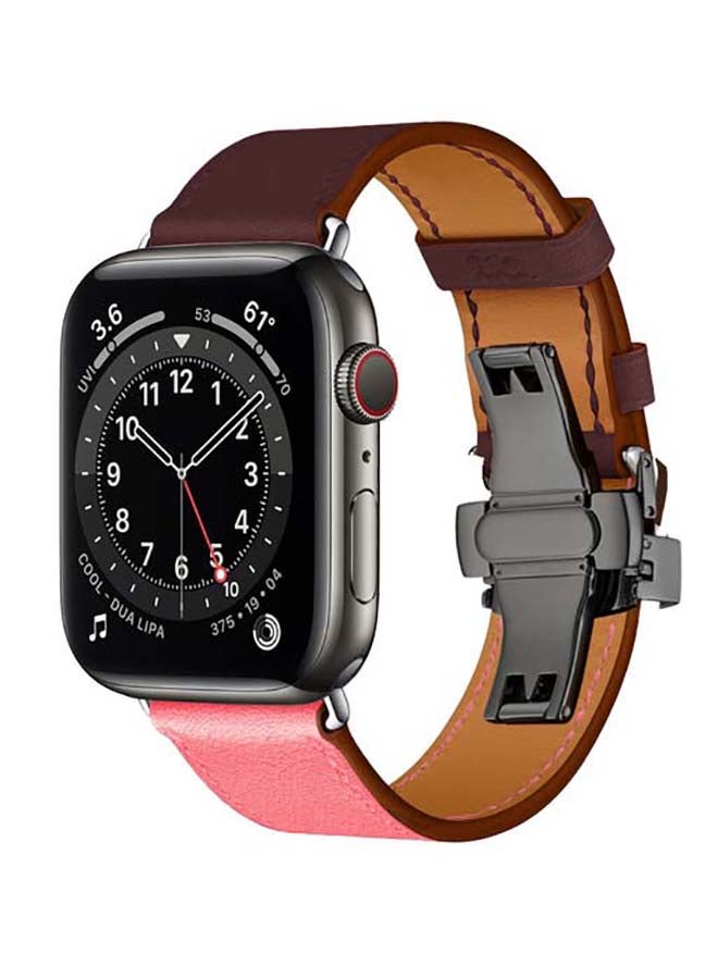 Perfii - Genuine Leather Replacement Band with Black Buckle for Apple Watch Series 6/SE/5/4/3/2/1 44/42mm Brown/Pink - Image 1