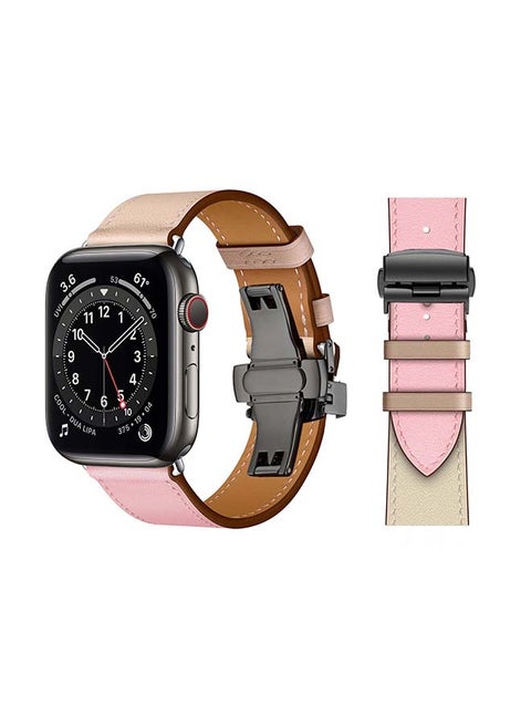 Genuine Leather Replacement Band with Black Buckle for Apple Watch Series 6/SE/5/4/3/2/1 44/42mm Pink/Beige