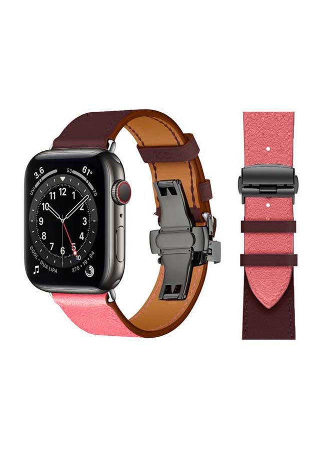 Perfii - Genuine Leather Replacement Band with Black Buckle for Apple Watch Series 6/SE/5/4/3/2/1 44/42mm Brown/Pink - Image 1