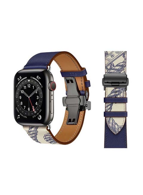 Genuine Leather Replacement Band with Black Buckle for Apple Watch Series 6/SE/5/4/3/2/1 44/42mm Blue/White