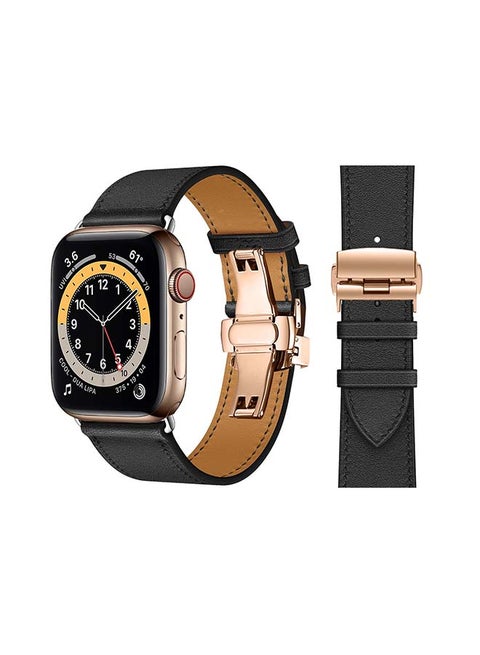 Genuine Leather Replacement Band with Golden Buckle for Apple Watch Series 6/SE/5/4/3/2/1 44/42mm Black