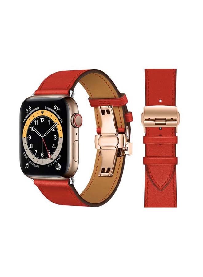 Perfii - Genuine Leather Replacement Band with Golden Buckle for Apple Watch Series 6/SE/5/4/3/2/1 44/42mm Supreme Red - Image 1
