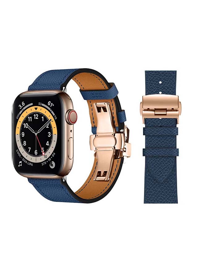 Perfii - Genuine Leather Replacement Band with Golden Buckle for Apple Watch Series 6/SE/5/4/3/2/1 44/42mm Royal Blue - Image 1