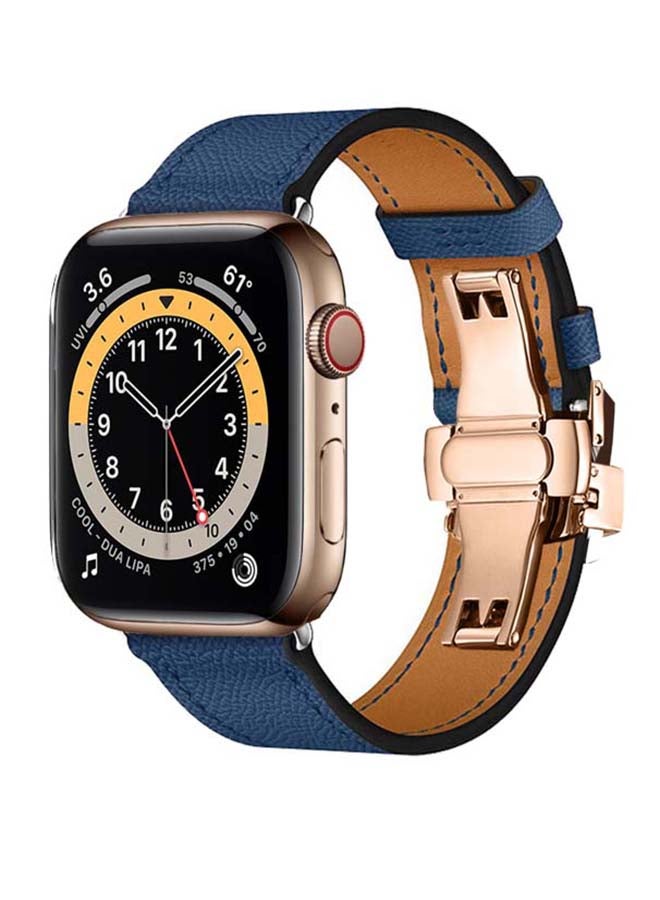 Perfii - Genuine Leather Replacement Band with Golden Buckle for Apple Watch Series 6/SE/5/4/3/2/1 44/42mm Royal Blue - Image 1