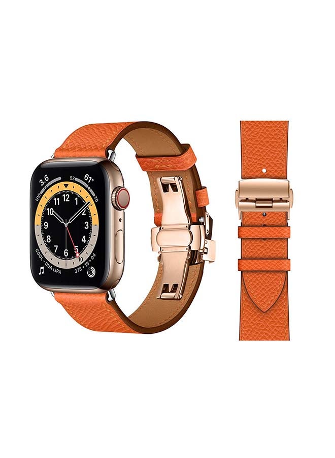 Perfii - Genuine Leather Replacement Band with Golden Buckle for Apple Watch Series 6/SE/5/4/3/2/1 44/42mm Orange - Image 1