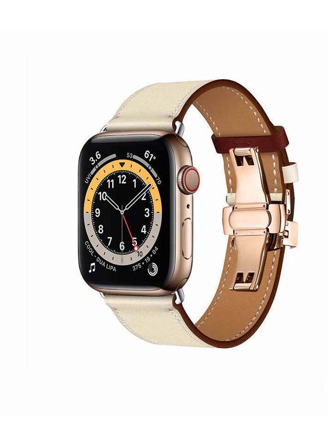 Perfii - Genuine Leather Replacement Band with Golden Buckle for Apple Watch Series 6/SE/5/4/3/2/1 44/42mm Beige - Image 1