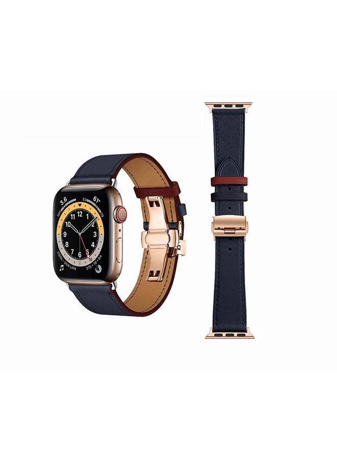 Perfii - Genuine Leather Replacement Band with Golden Buckle for Apple Watch Series 6/SE/5/4/3/2/1 44/42mm Blue - Image 1