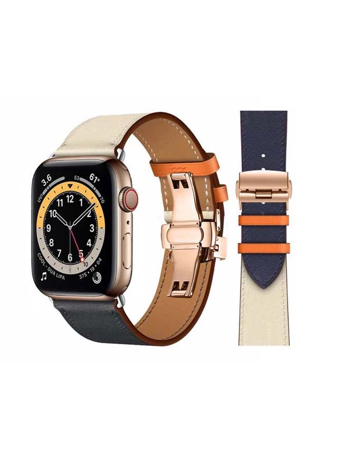 Perfii - Genuine Leather Replacement Band with Golden Buckle for Apple Watch Series 6/SE/5/4/3/2/1 44/42mm Blue/Beige - Image 1