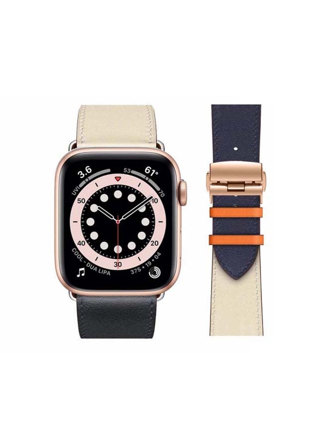 Perfii - Genuine Leather Replacement Band with Golden Buckle for Apple Watch Series 6/SE/5/4/3/2/1 44/42mm Blue/Beige - Image 1