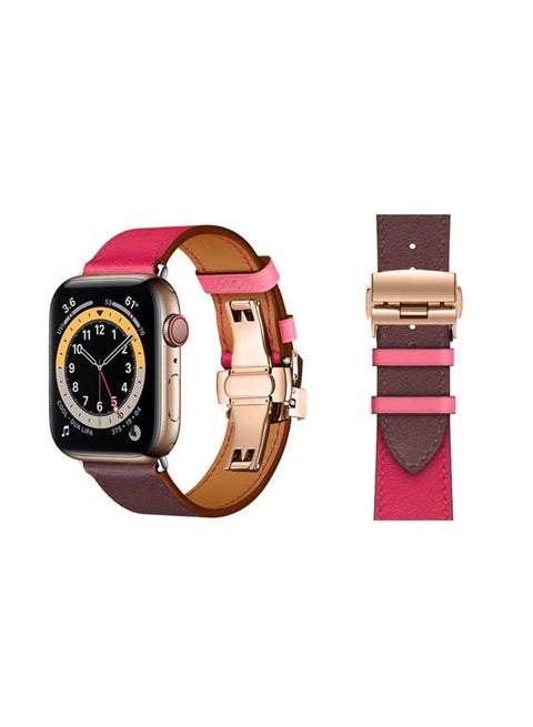 Genuine Leather Replacement Band with Golden Buckle for Apple Watch Series 6/SE/5/4/3/2/1 44/42mm Pink/Brown