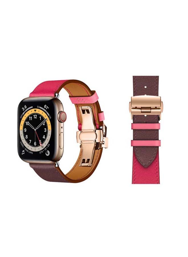 Perfii - Genuine Leather Replacement Band with Golden Buckle for Apple Watch Series 6/SE/5/4/3/2/1 44/42mm Pink/Brown - Image 1
