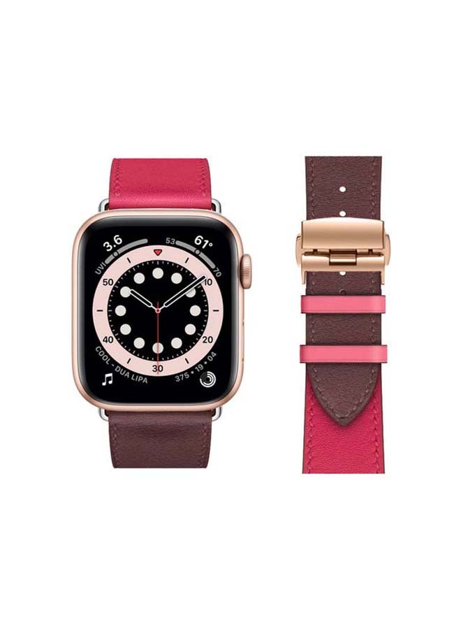 Perfii - Genuine Leather Replacement Band with Golden Buckle for Apple Watch Series 6/SE/5/4/3/2/1 44/42mm Pink/Brown - Image 1