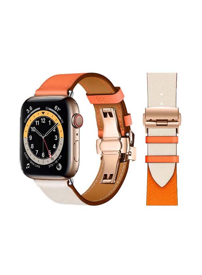 Perfii - Genuine Leather Replacement Band with Golden Buckle for Apple Watch Series 6/SE/5/4/3/2/1 44/42mm Orange/White - Image 1