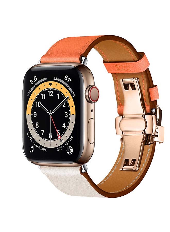 Perfii - Genuine Leather Replacement Band with Golden Buckle for Apple Watch Series 6/SE/5/4/3/2/1 44/42mm Orange/White - Image 1