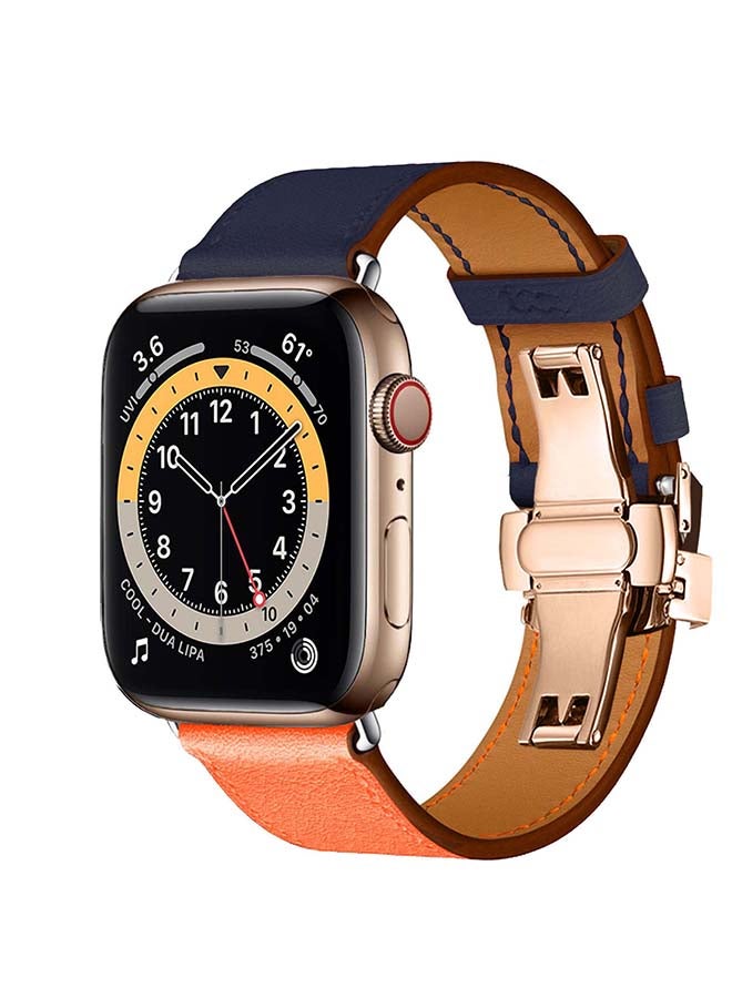 Perfii - Genuine Leather Replacement Band with Golden Buckle for Apple Watch Series 6/SE/5/4/3/2/1 44/42mm Blue/Orange - Image 1