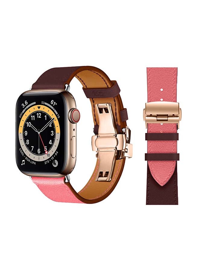 Perfii Genuine Leather Replacement Band with Golden Buckle for Apple Watch Series 6/SE/5/4/3/2/1 44/42mm Brown/Pink - Image 1