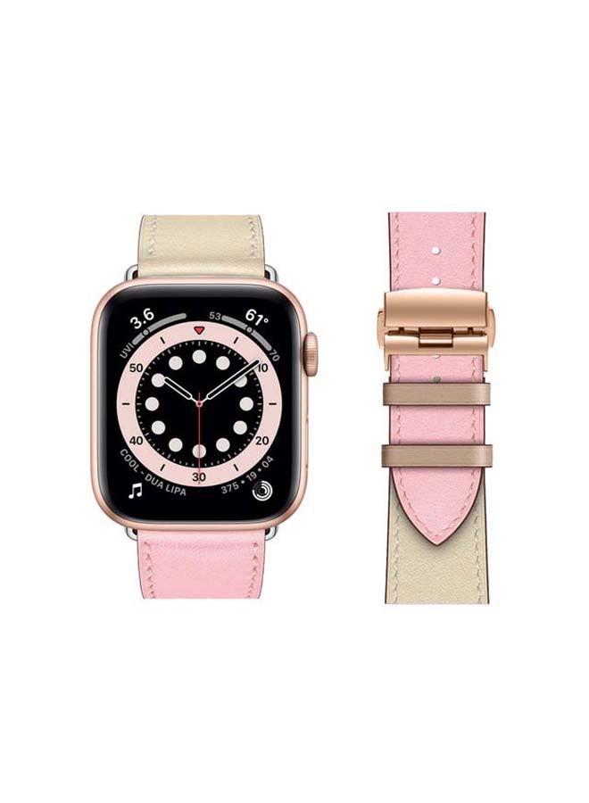 بيرفيي سوار بديل من الجلد الطبيعي بإبزيم ذهبي لساعة أبل سيريز 6/SE/5/4/3/2/1 مقاس 44/42 مم وردي / بيج - Image 2