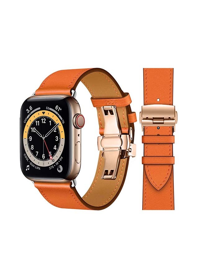 Perfii Genuine Leather Replacement Band with Golden Buckle for Apple Watch Series 6/SE/5/4/3/2/1 44/42mm Orange - Image 1